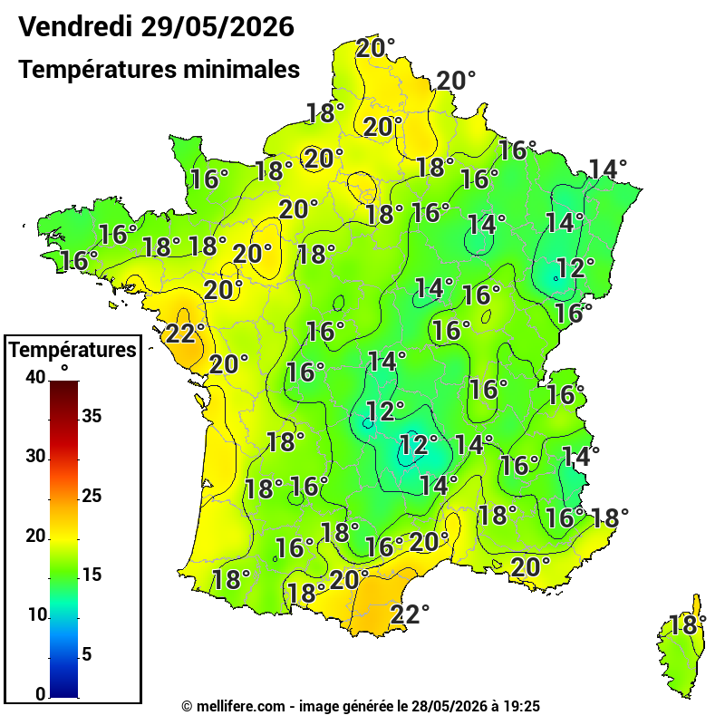 Prévision Températures mini 29/05