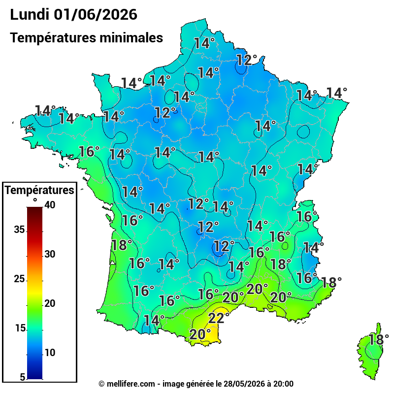 Prévision Températures mini 01/06