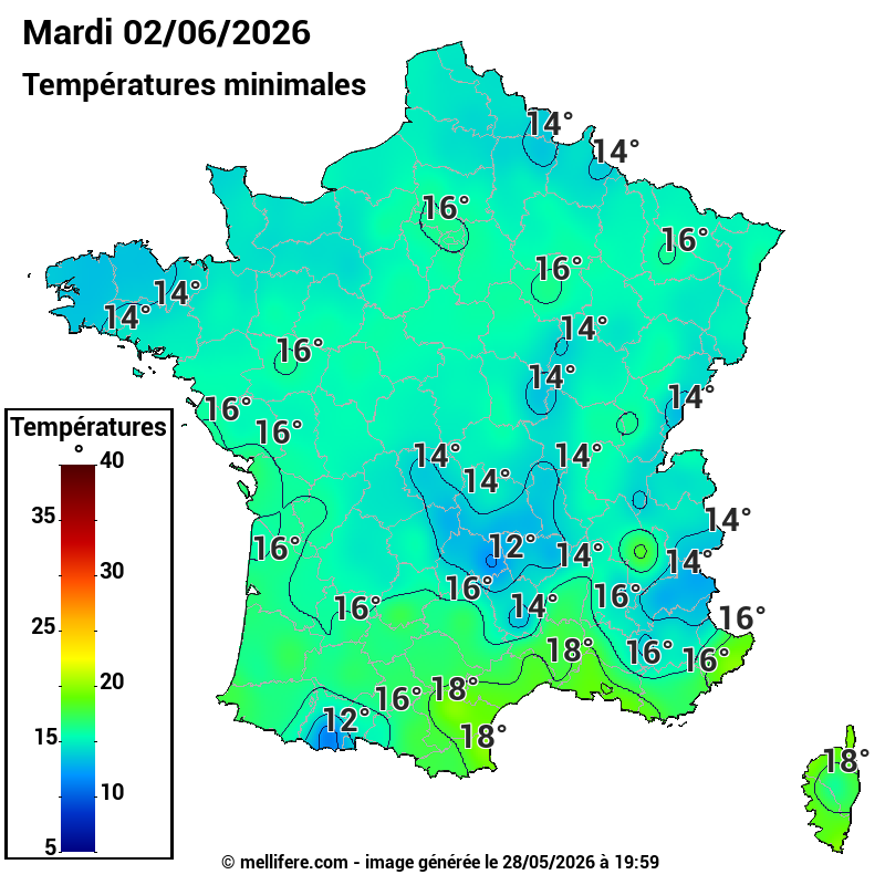 Prévision Températures mini 02/06