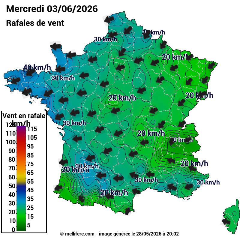 Prévision Vents et rafales 03/06