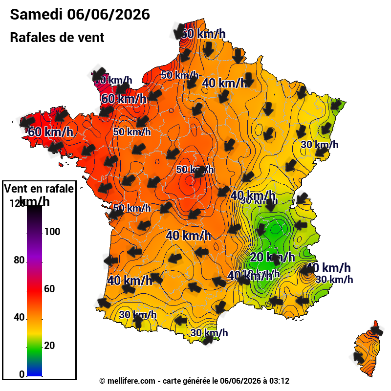 Prévision Vents et rafales 06/06