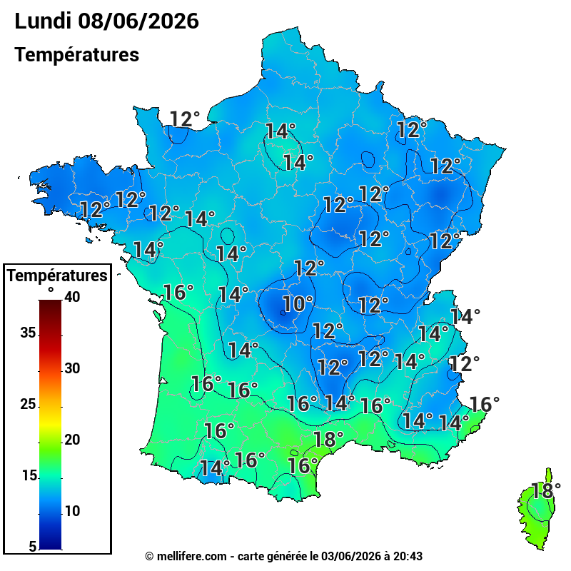 Prévision Températures mini 08/06