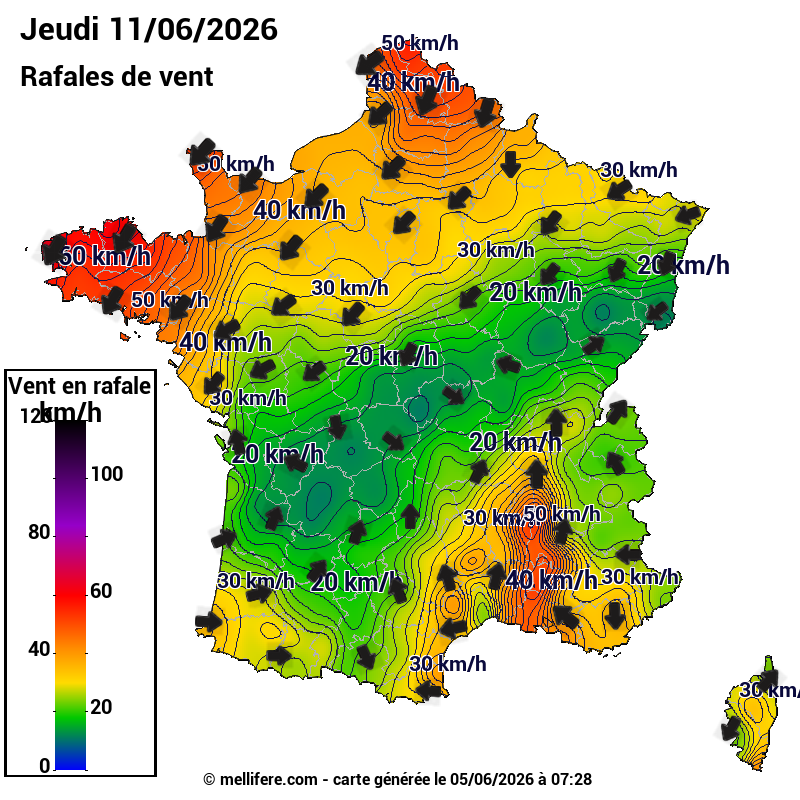 Prévision Vents et rafales 11/06