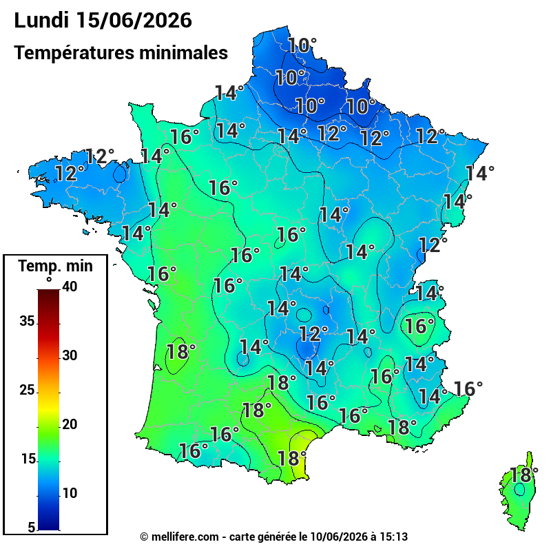 Prévision Températures mini 15/06