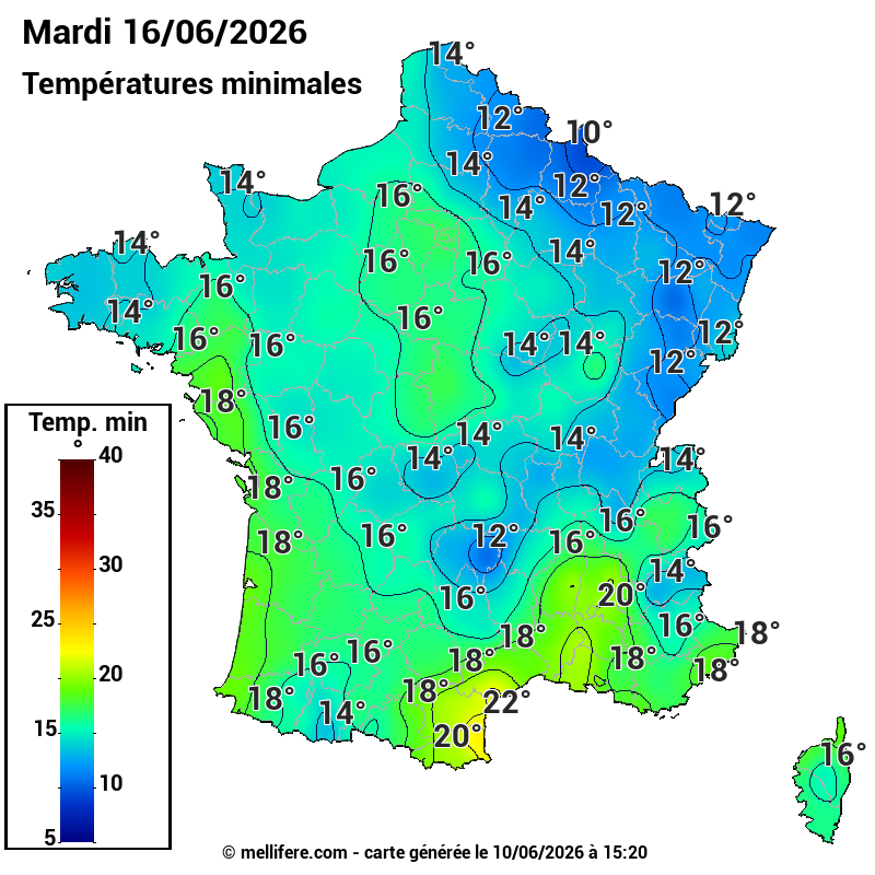 Prévision Températures mini 16/06