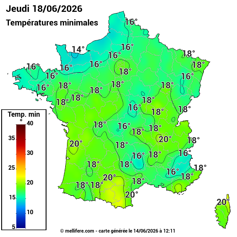 Prévision Températures mini 18/06