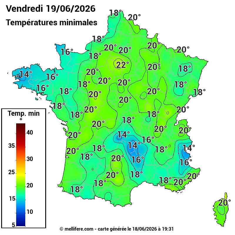 Prévision Températures mini 19/06