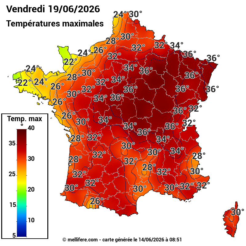 Prévision Températures maxi19/06