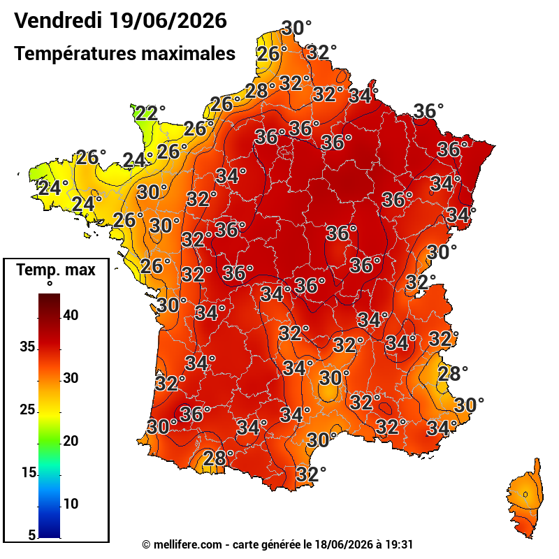 Prévision Températures maxi19/06