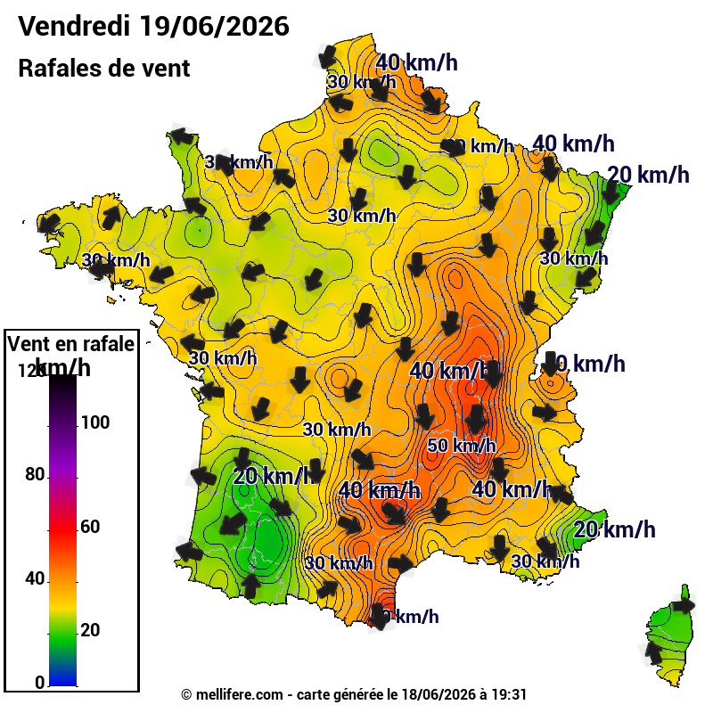Prévision Vents et rafales 19/06