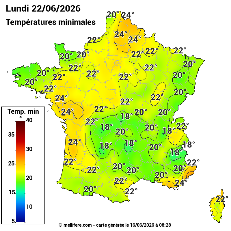 Prévision Températures mini 22/06