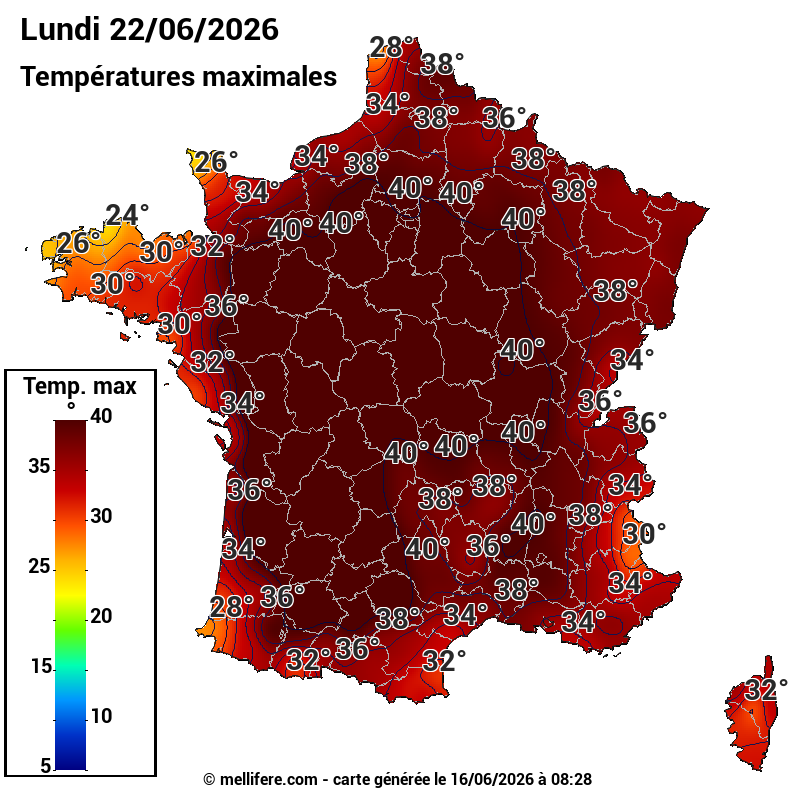Prévision Températures maxi22/06