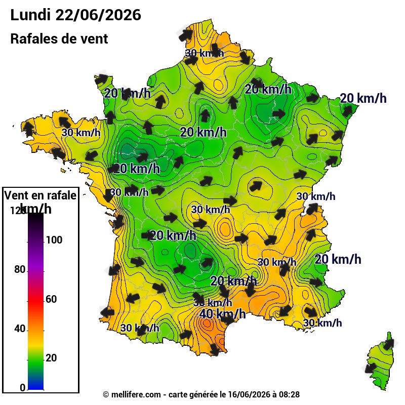 Prévision Vents et rafales 22/06