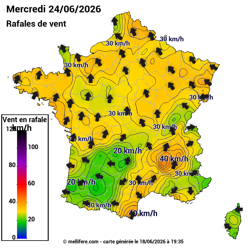 Prévision Vents et rafales 24/06