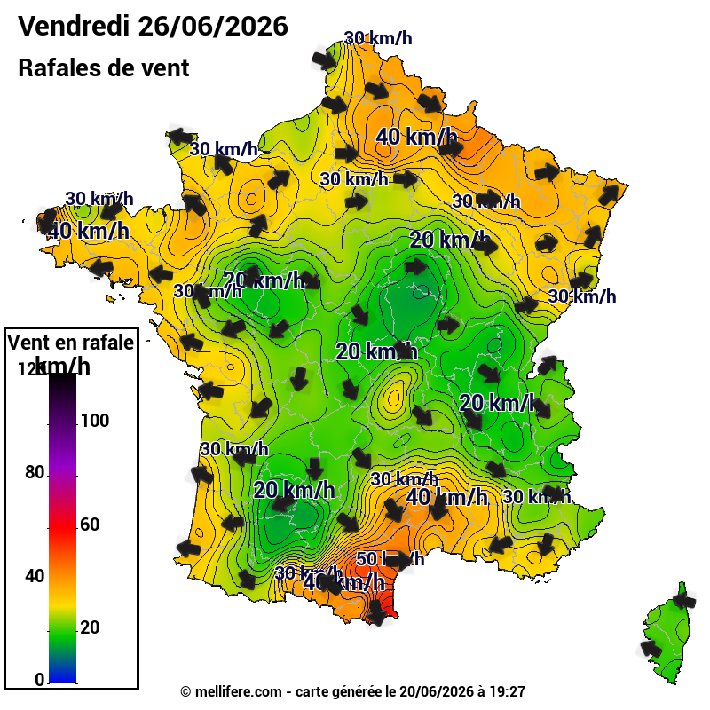 Prévision Vents et rafales 26/06