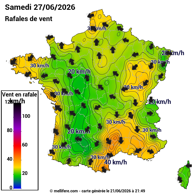 Prévision Vents et rafales 27/06