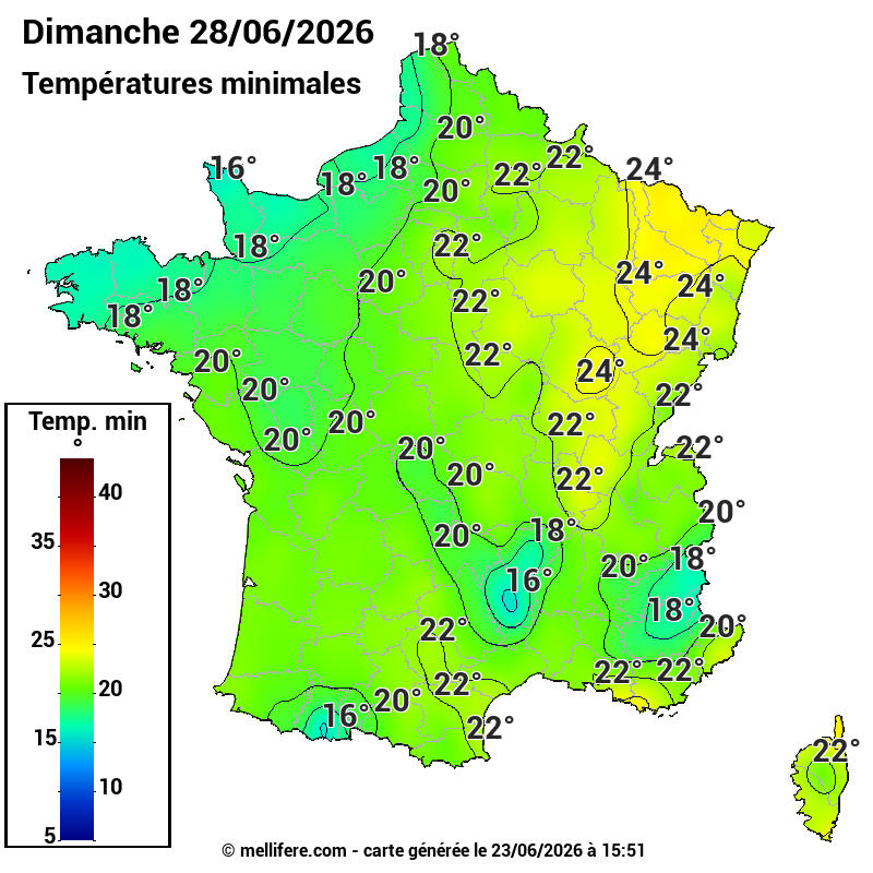 Prévision Températures mini 28/06