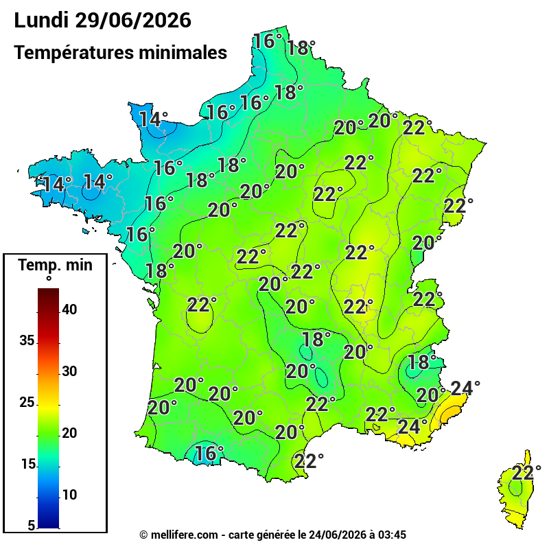 Prévision Températures mini 29/06