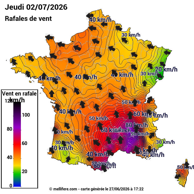 Prévision Vents et rafales 02/07