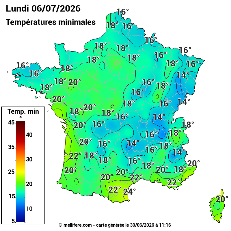 Prévision Températures mini 06/07