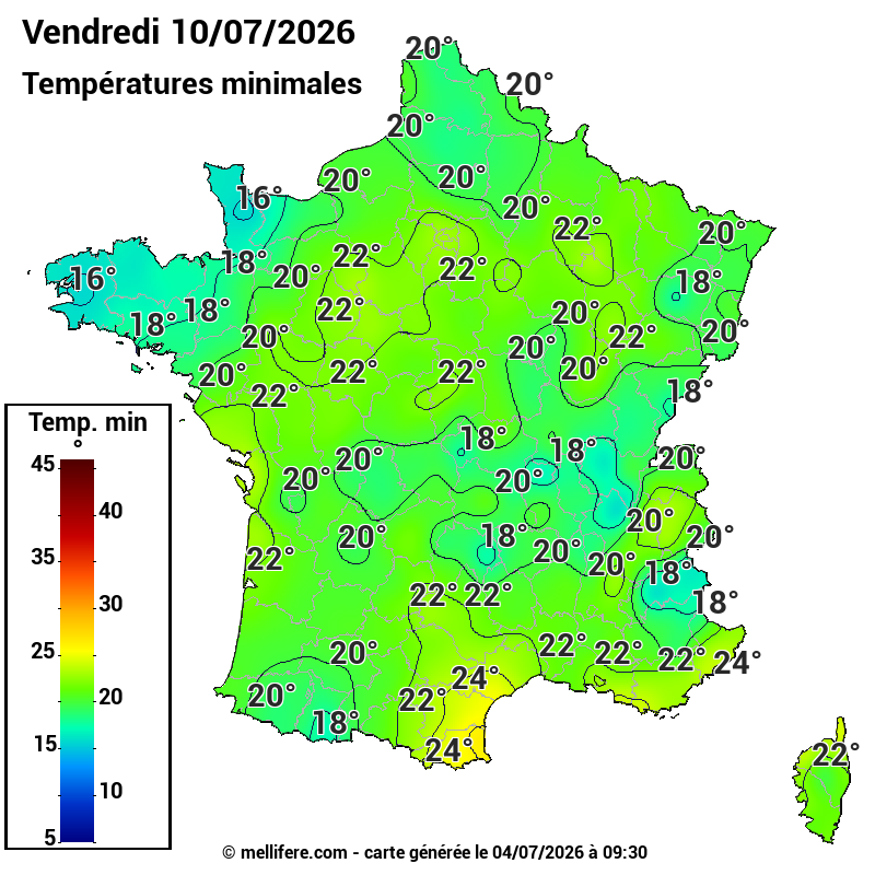 Prévision Températures mini 10/07