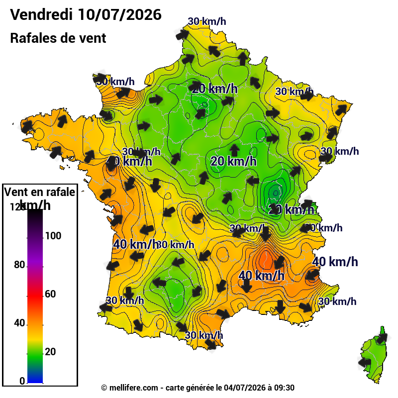 Prévision Vents et rafales 10/07