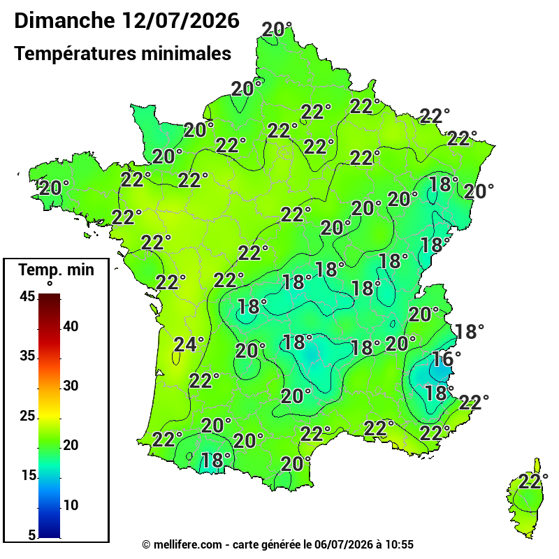 Prévision Températures mini 12/07