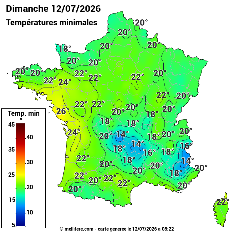 Prévision Températures mini 12/07