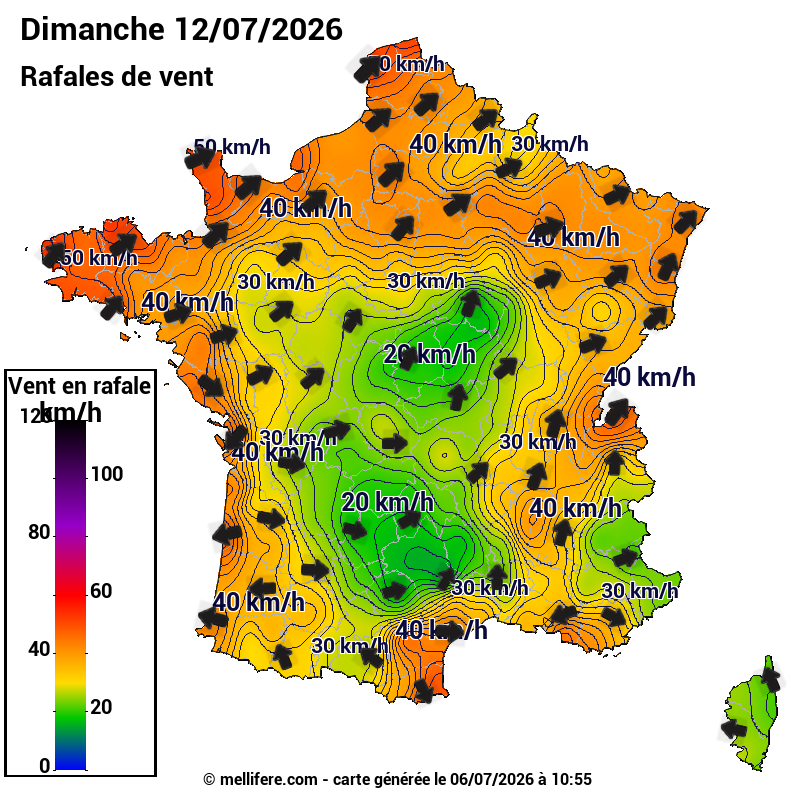 Prévision Vents et rafales 12/07