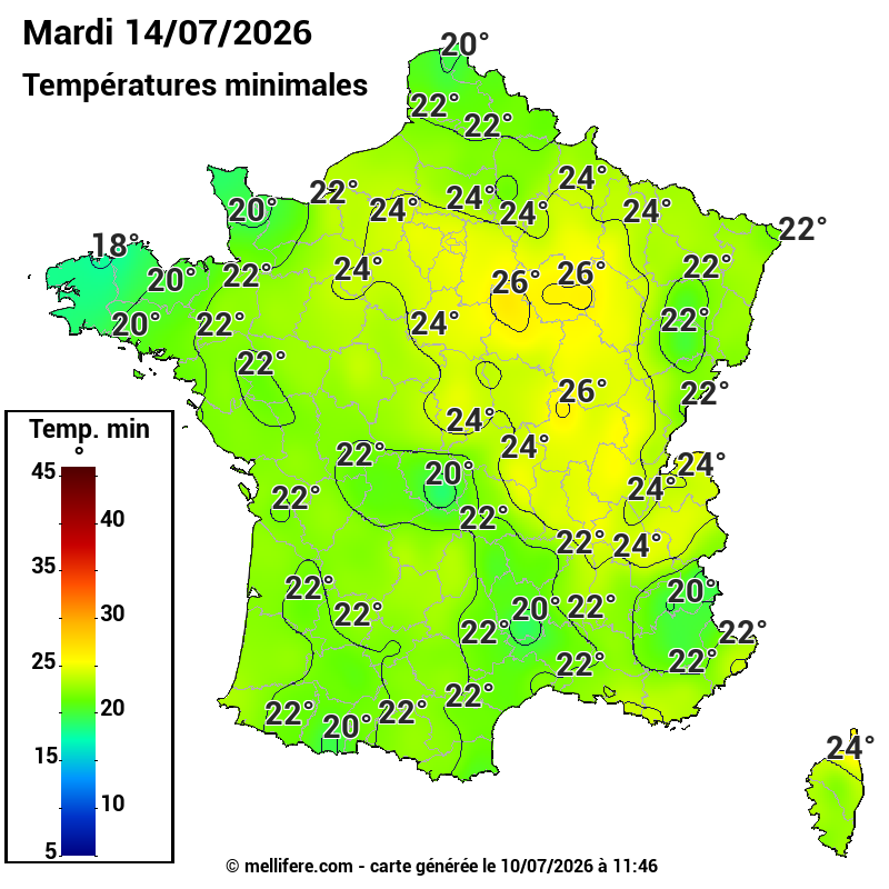 Prévision Températures mini 14/07