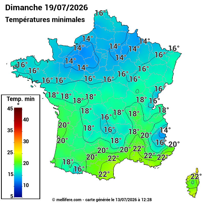 Prévision Températures mini 19/07