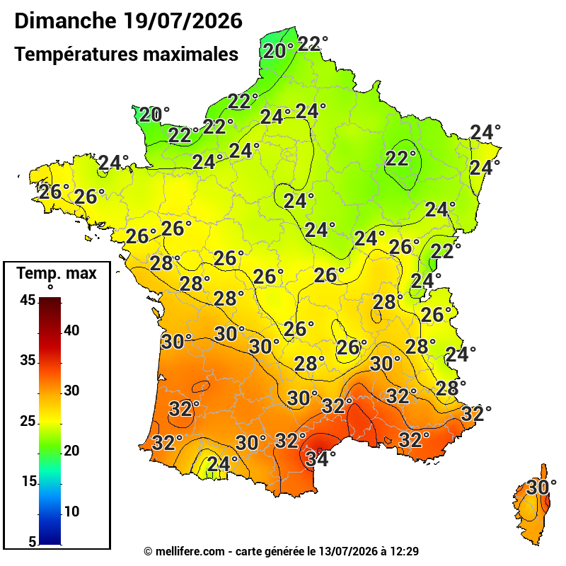 Prévision Températures maxi19/07