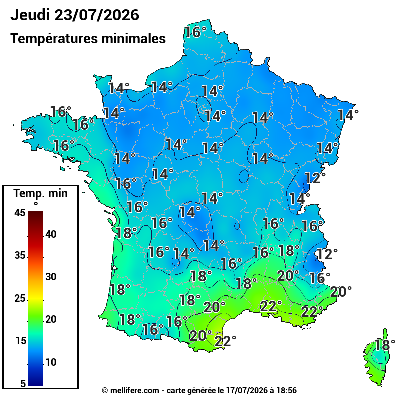 Prévision Températures mini 23/07