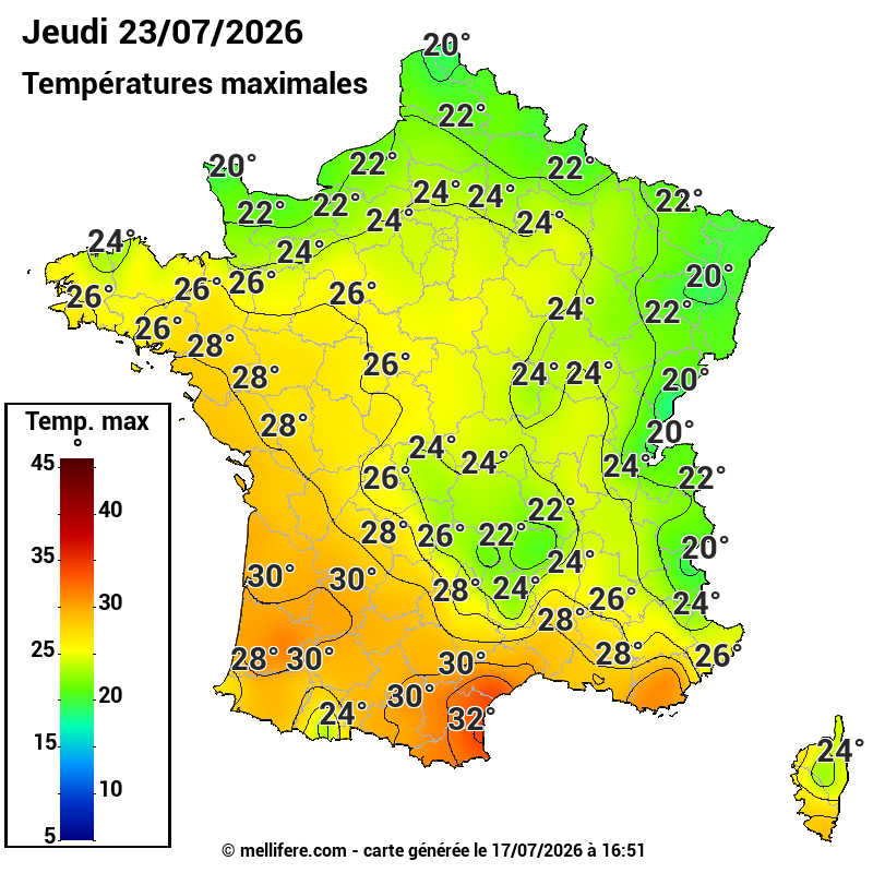 Prévision Températures maxi23/07