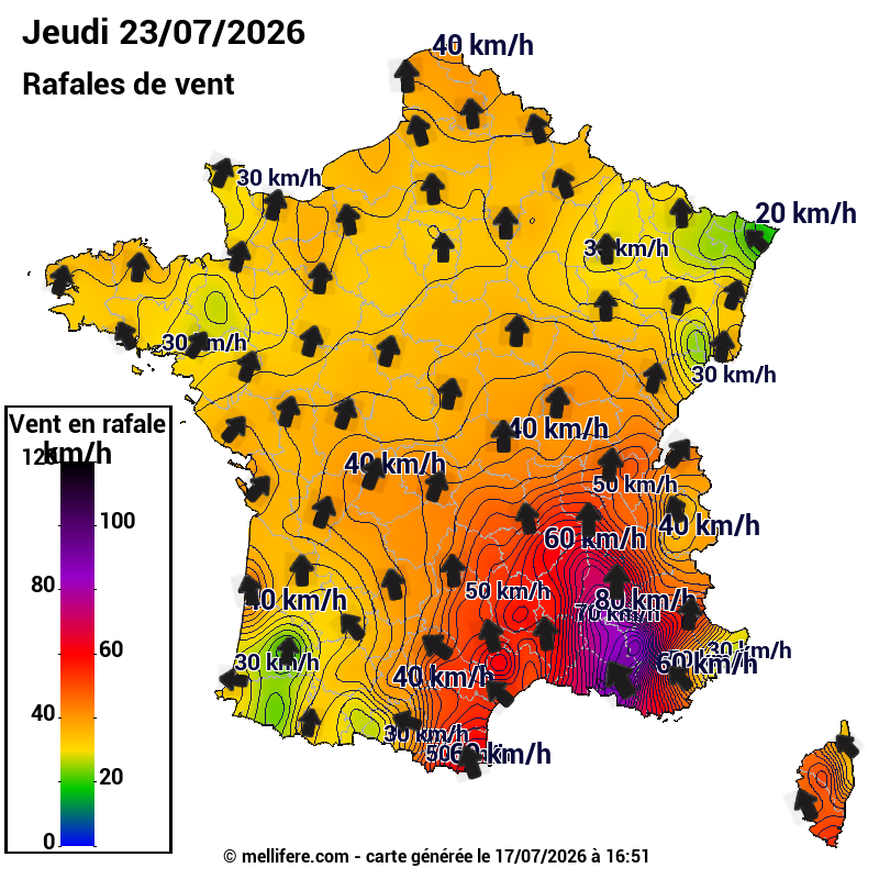 Prévision Vents et rafales 23/07