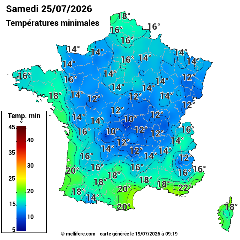 Prévision Températures mini 25/07