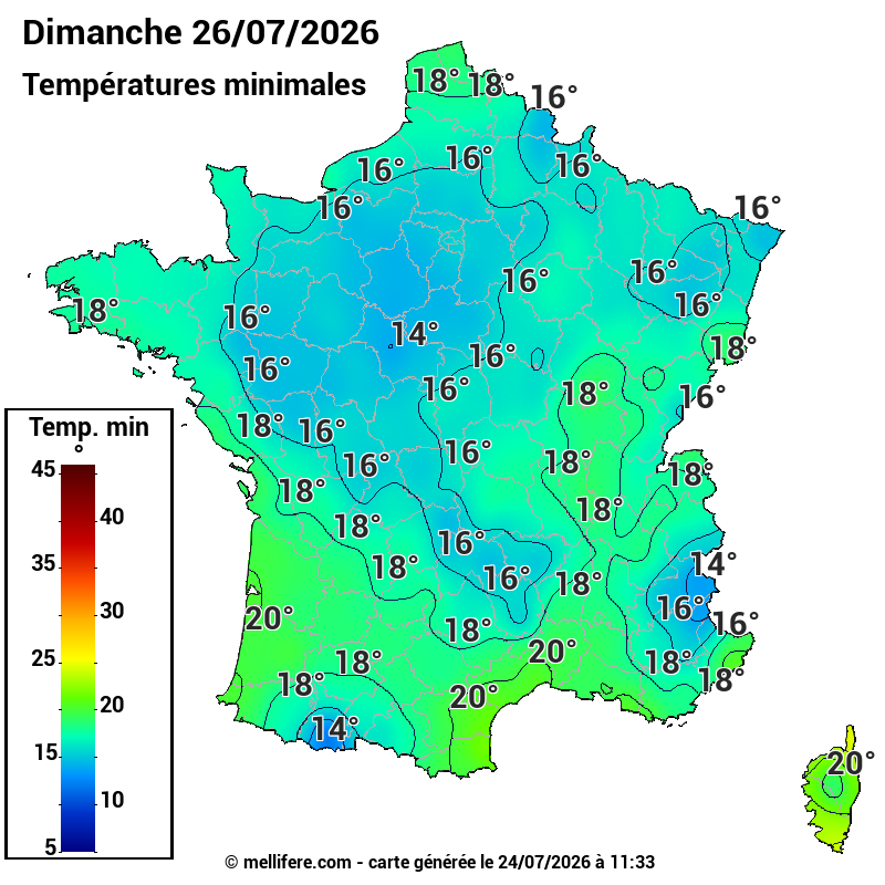 Prévision Températures mini 26/07