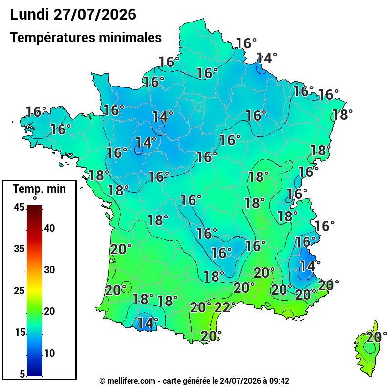 Prévision Températures mini 27/07