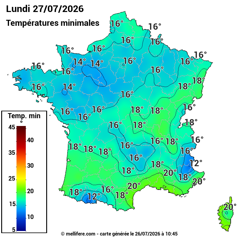 Prévision Températures mini 27/07