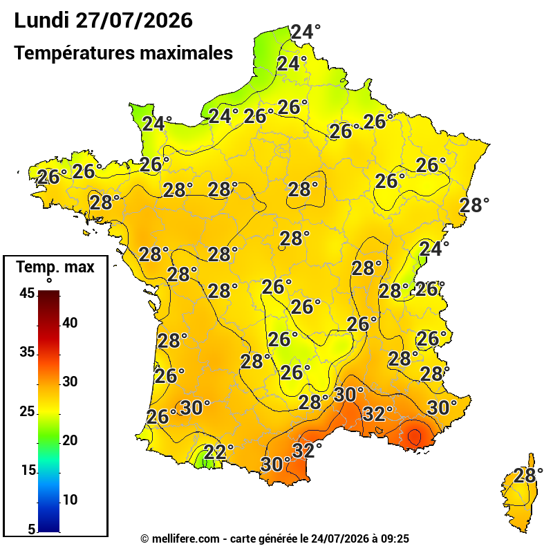 Prévision Températures maxi27/07
