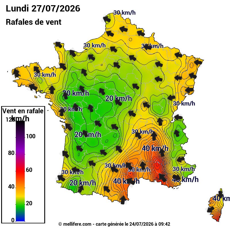 Prévision Vents et rafales 27/07
