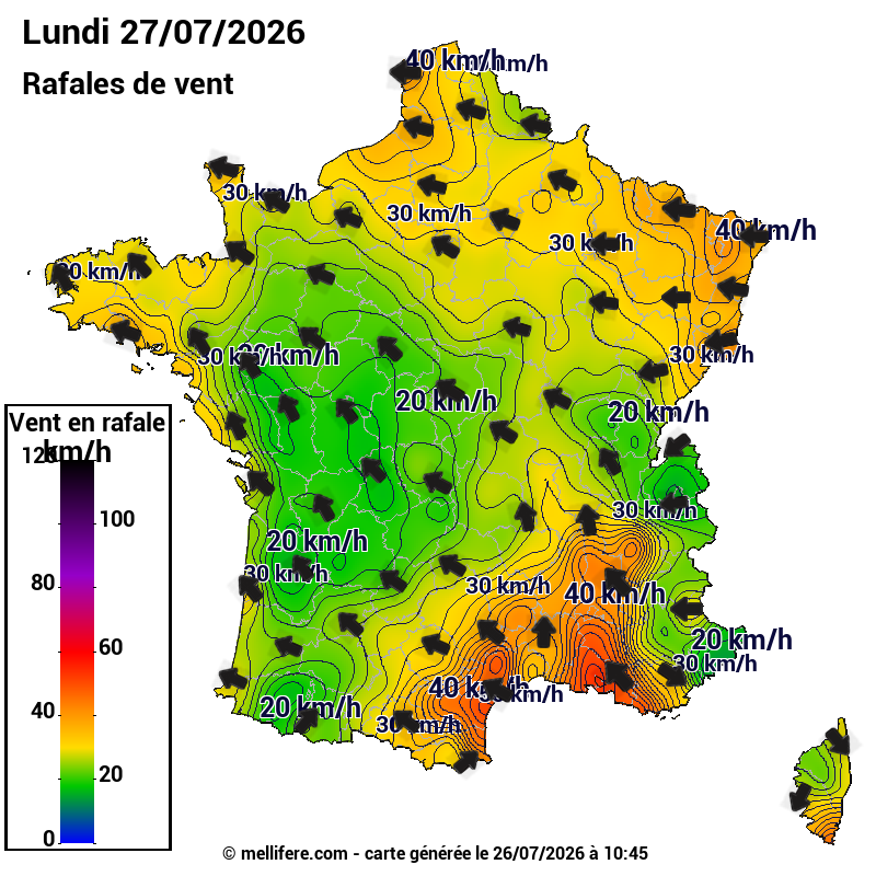 Prévision Vents et rafales 27/07