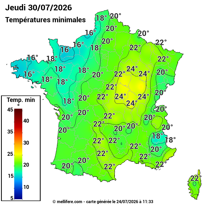 Prévision Températures mini 30/07