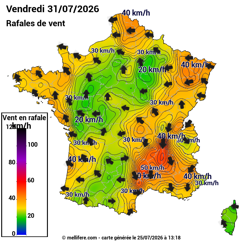 Prévision Vents et rafales 31/07