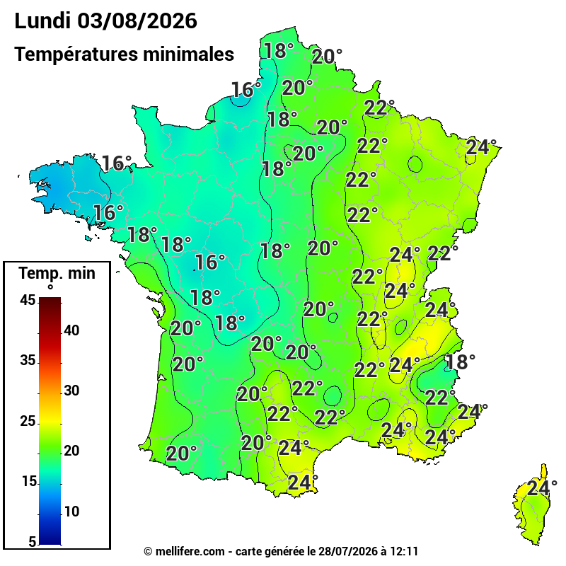 Prévision Températures mini 03/08