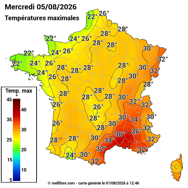 Prévision Températures maxi05/08