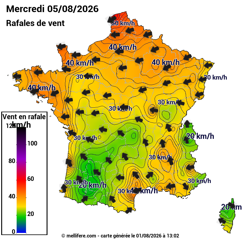 Prévision Vents et rafales 05/08