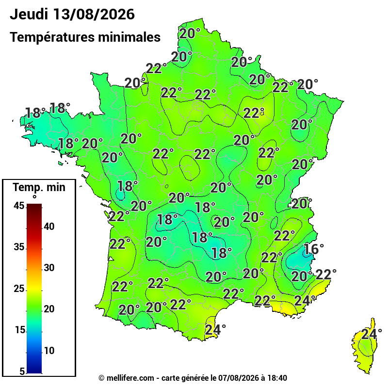 Prévision Températures mini 13/08