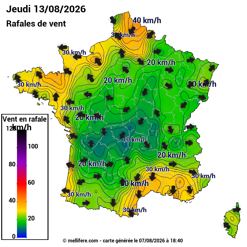 Prévision Vents et rafales 13/08