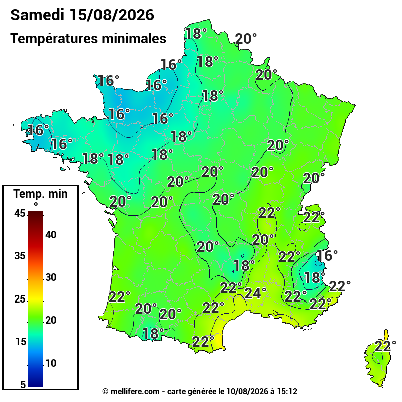Prévision Températures mini 15/08